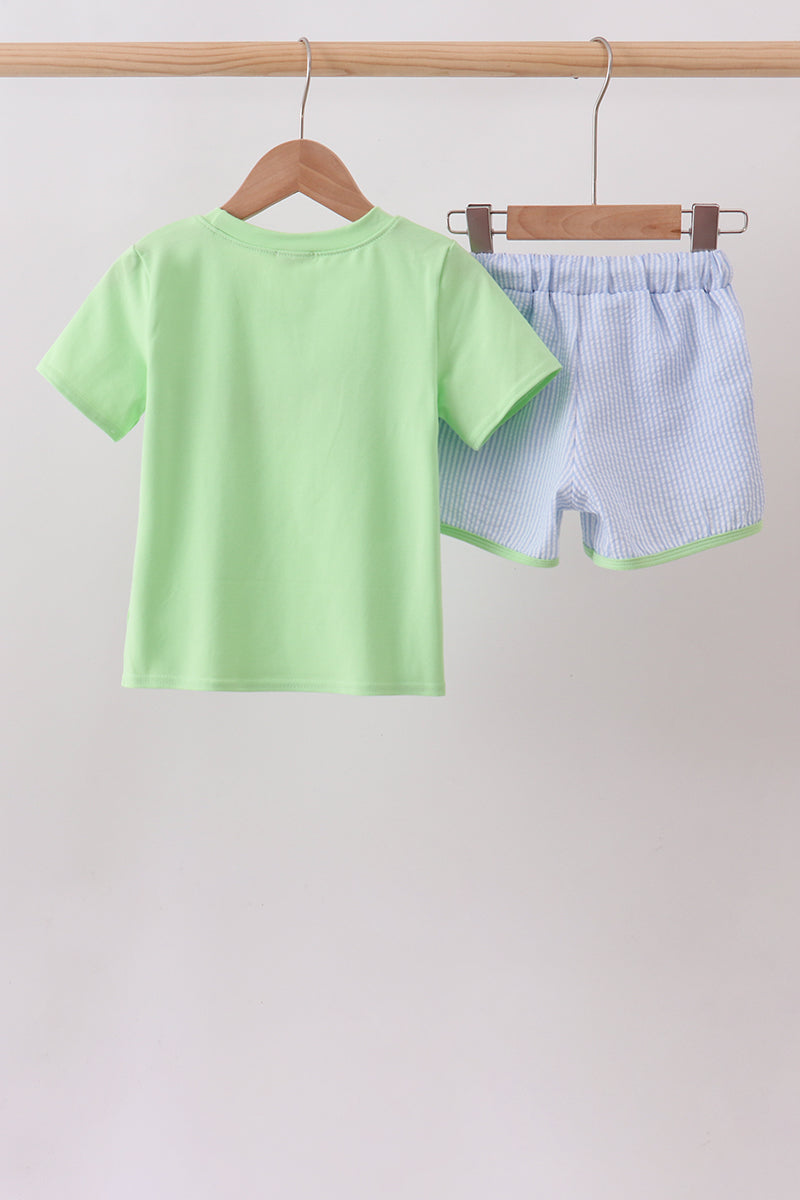Green Train Embroidered Seersucker Set