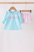 Blue bow french knot ruffle plaid bloomer set
