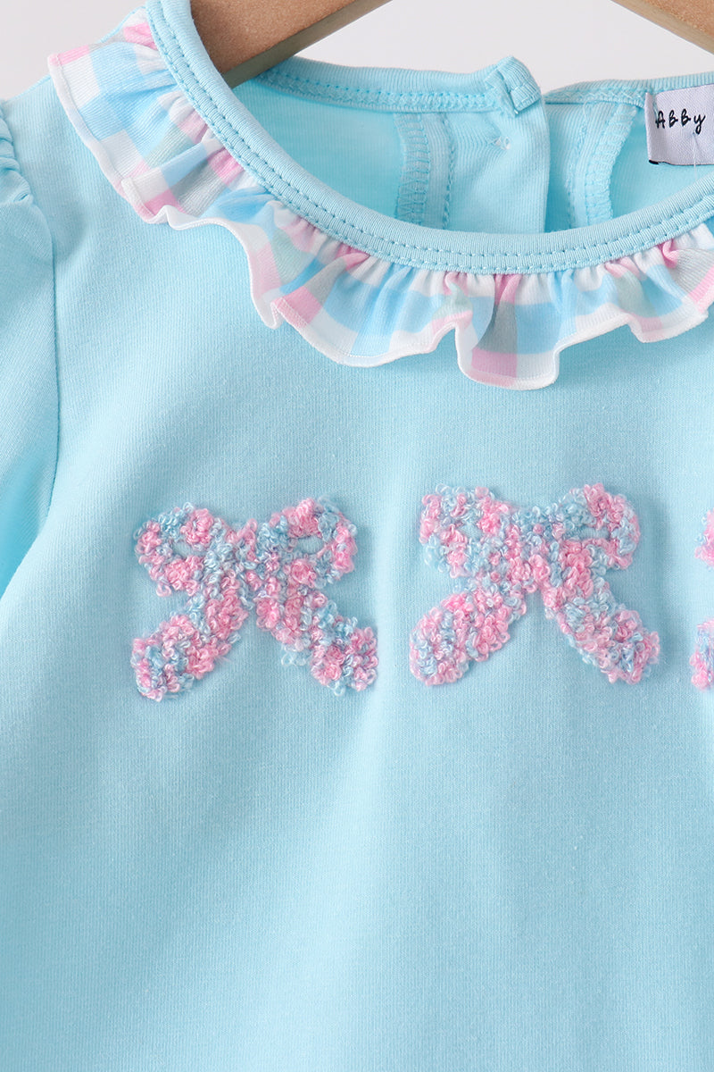 Blue bow french knot ruffle plaid bloomer set