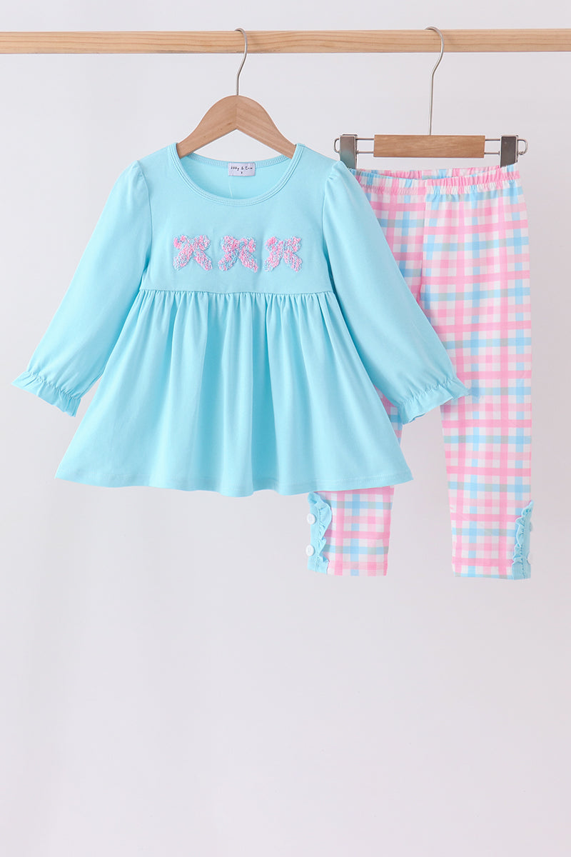 Blue bow french knot plaid pants set
