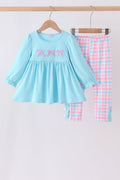 Blue bow french knot plaid pants set