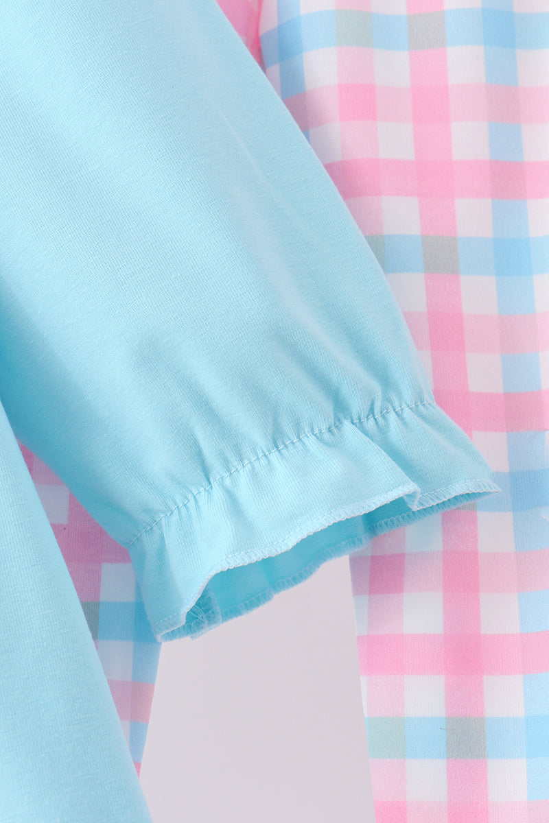 Blue bow french knot plaid pants set