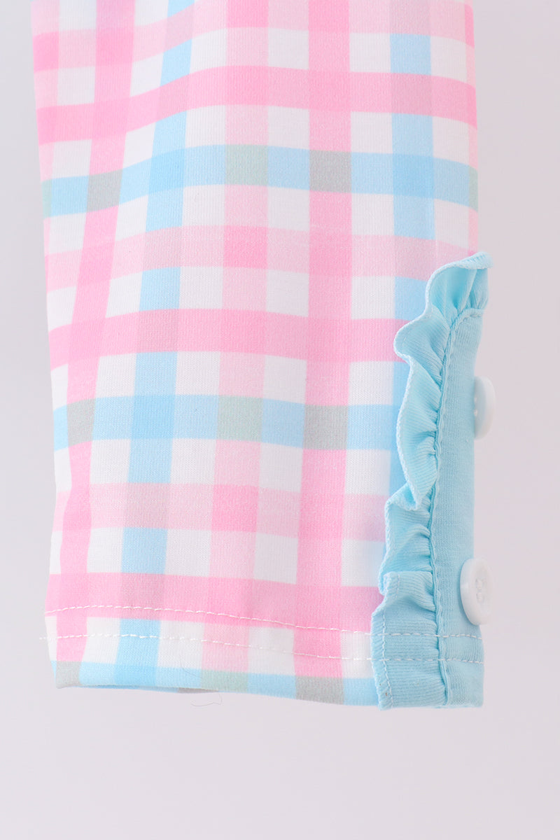 Blue bow french knot plaid pants set