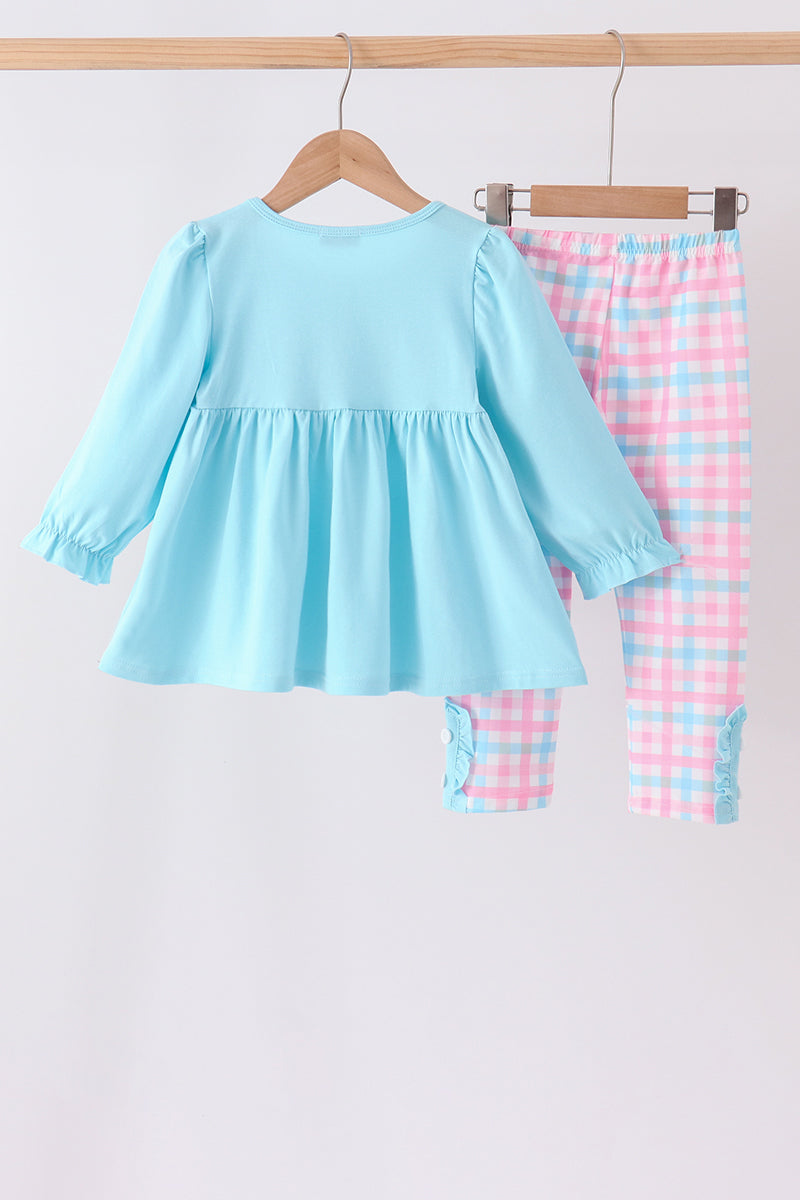 Blue bow french knot plaid pants set