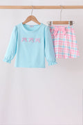 Blue bow french knot plaid skorts set