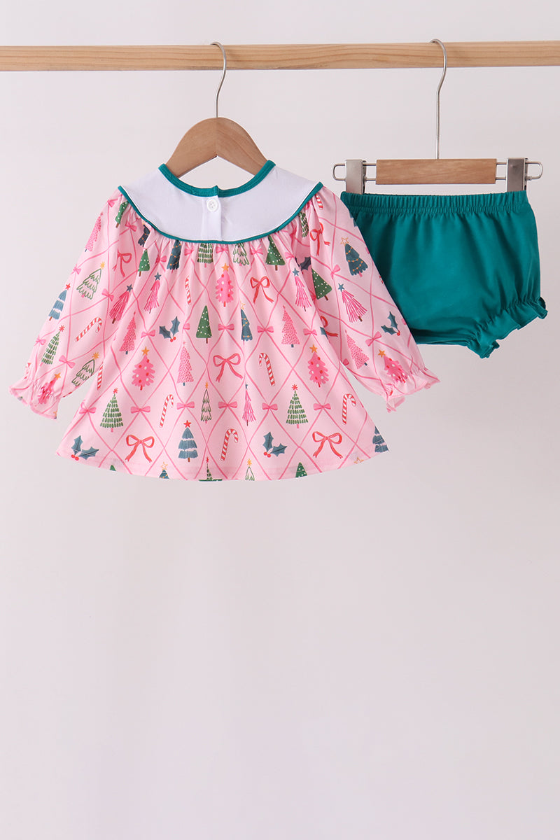 Pink Christmas Tree Embroidery Bloomer Set