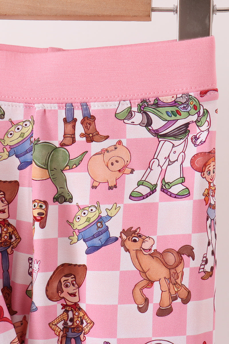 Pink character checkered bamboo ruffle pajama set