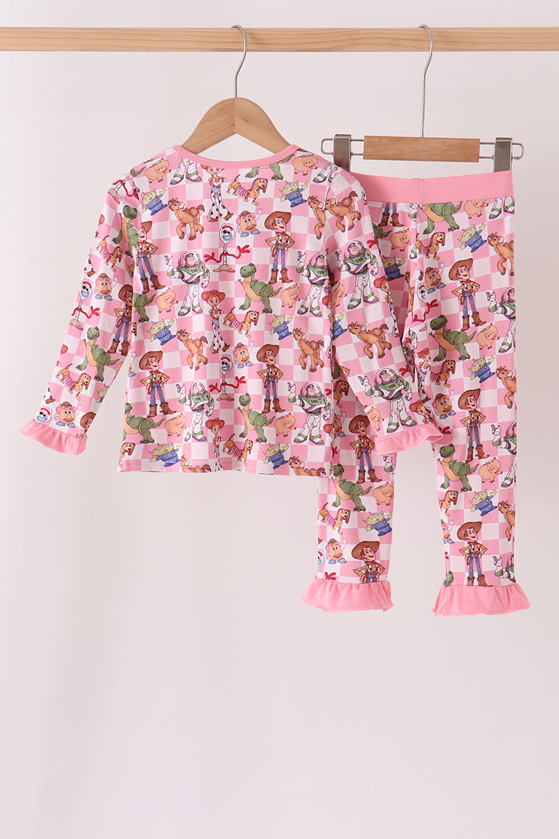 Pink character checkered bamboo ruffle pajama set