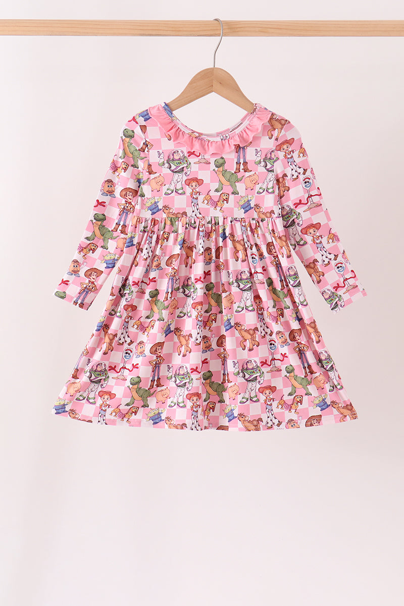 Pink character checkered bamboo ruffle dress