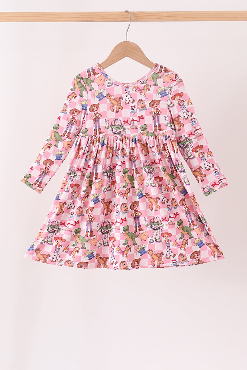 Pink character checkered bamboo ruffle dress