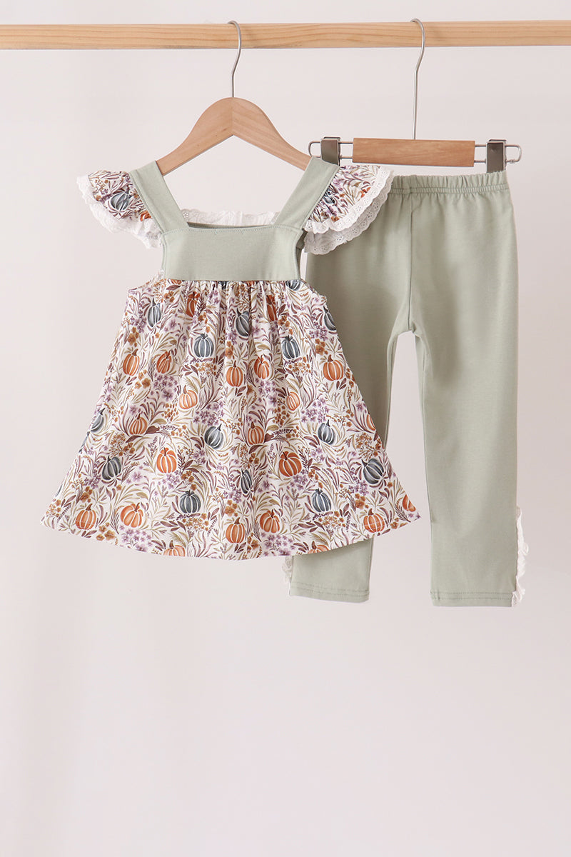 Pumpkin Embroidery Lace Ruffle pants set