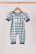 Blue mallard duck embroidery ruffle romper