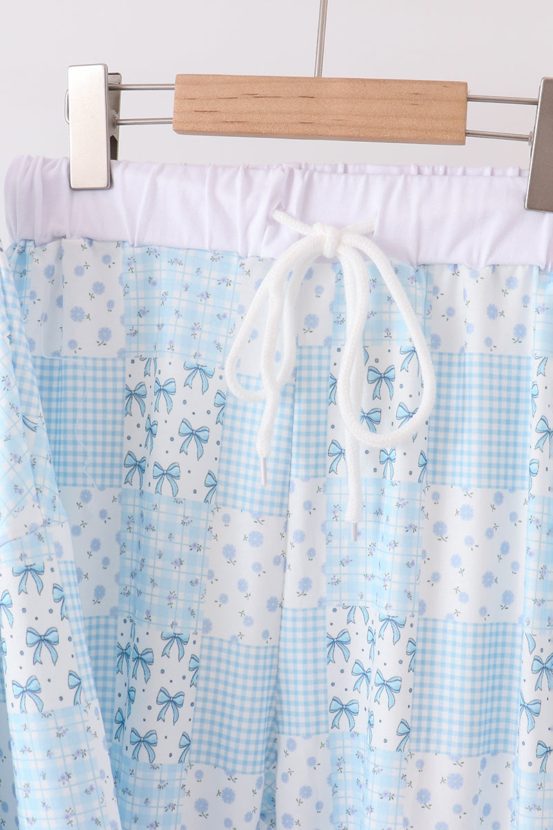 Blue floral bow checkered mom&me pants set