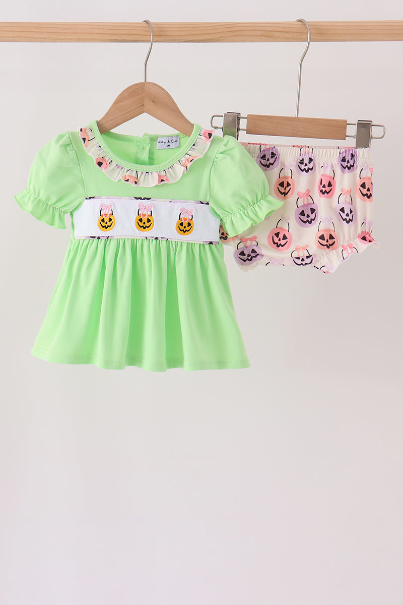 Green Jack-O-Lantern embroidery ruffle bloomer set