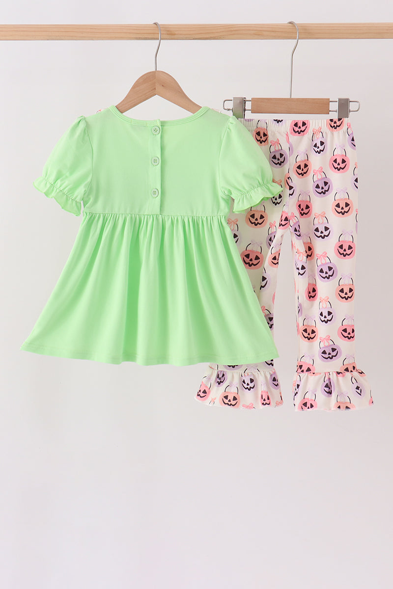 Green Jack-O-Lantern embroidery ruffle pants set