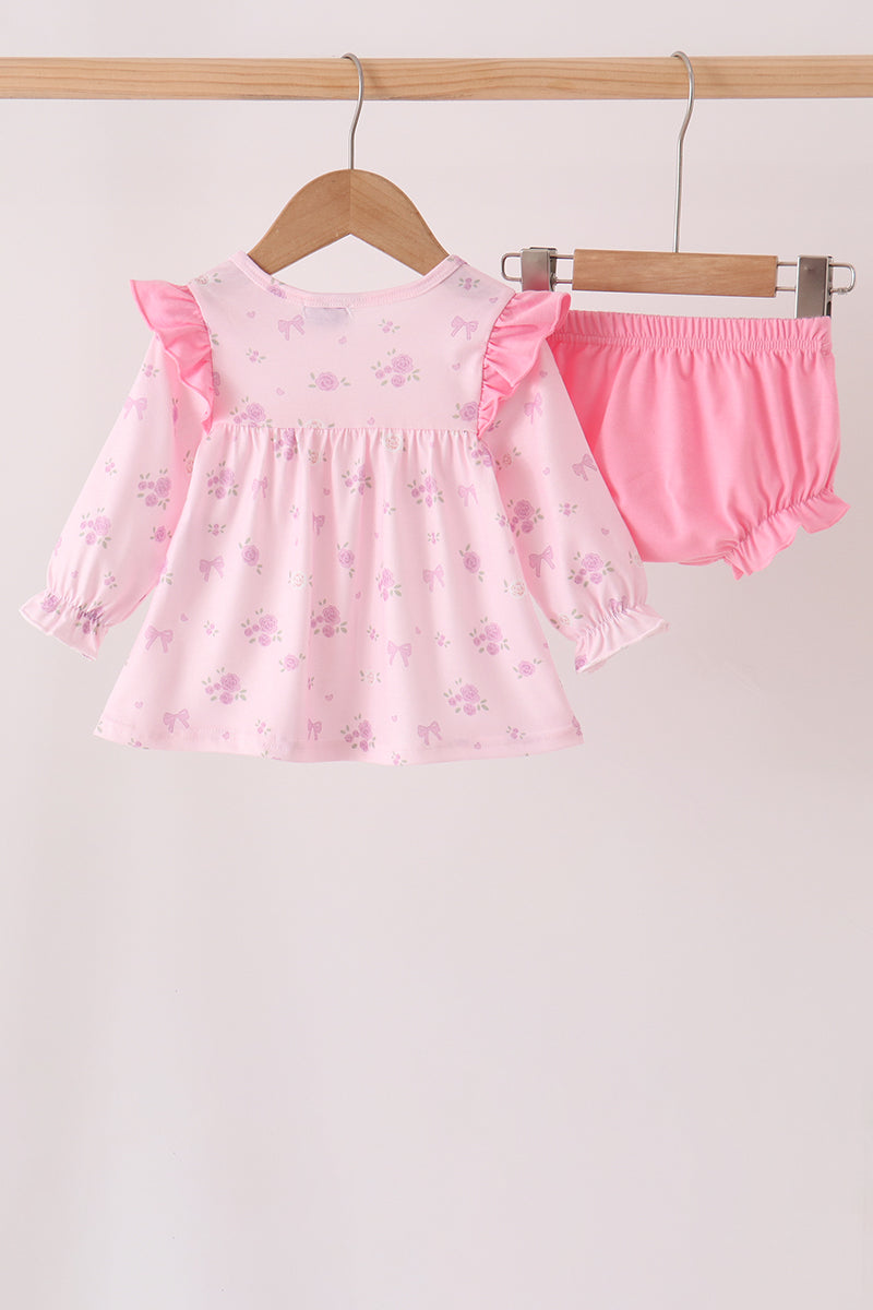 Pink floral bow ruffle bloomer set