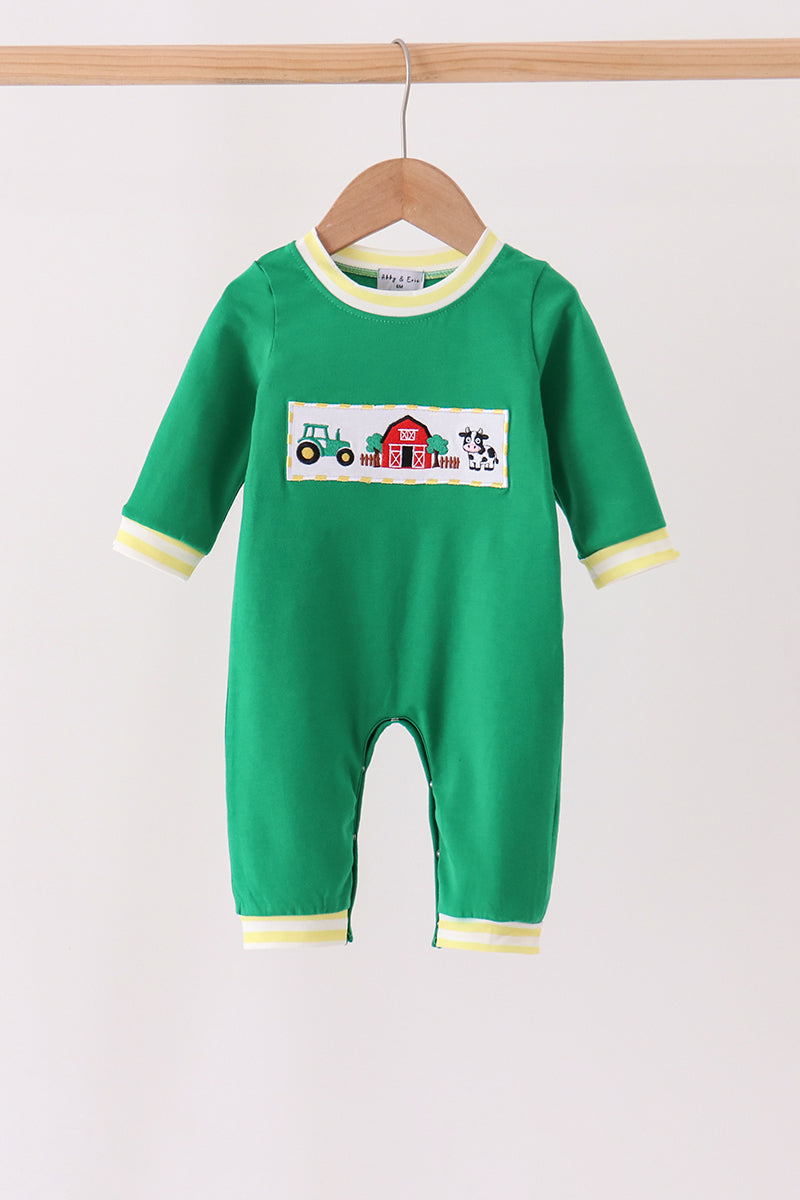Green Farm Cow Embroidery Romper