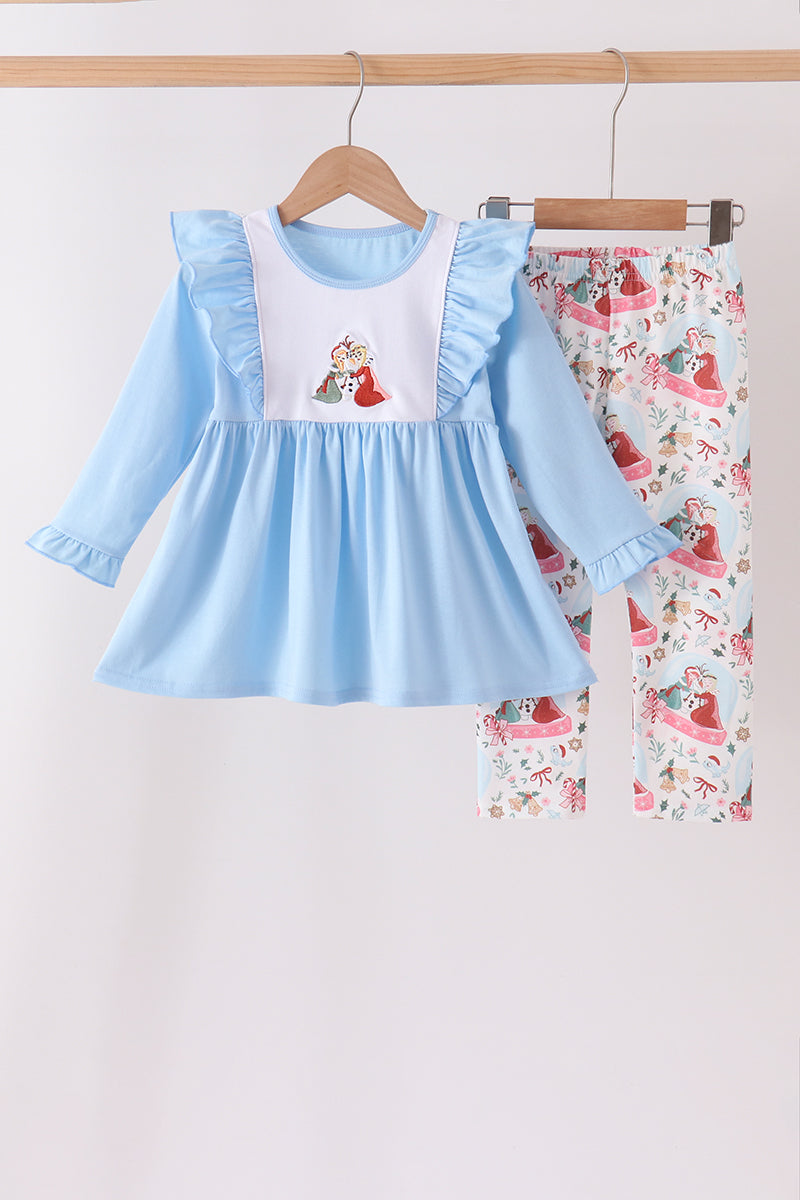Blue frozen embroidery ruffle pants set