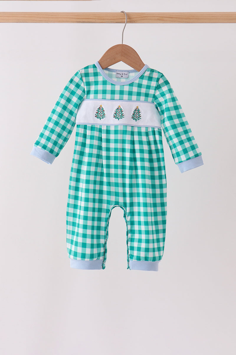 Green Christmas Tree Embroidery Gingham Romper
