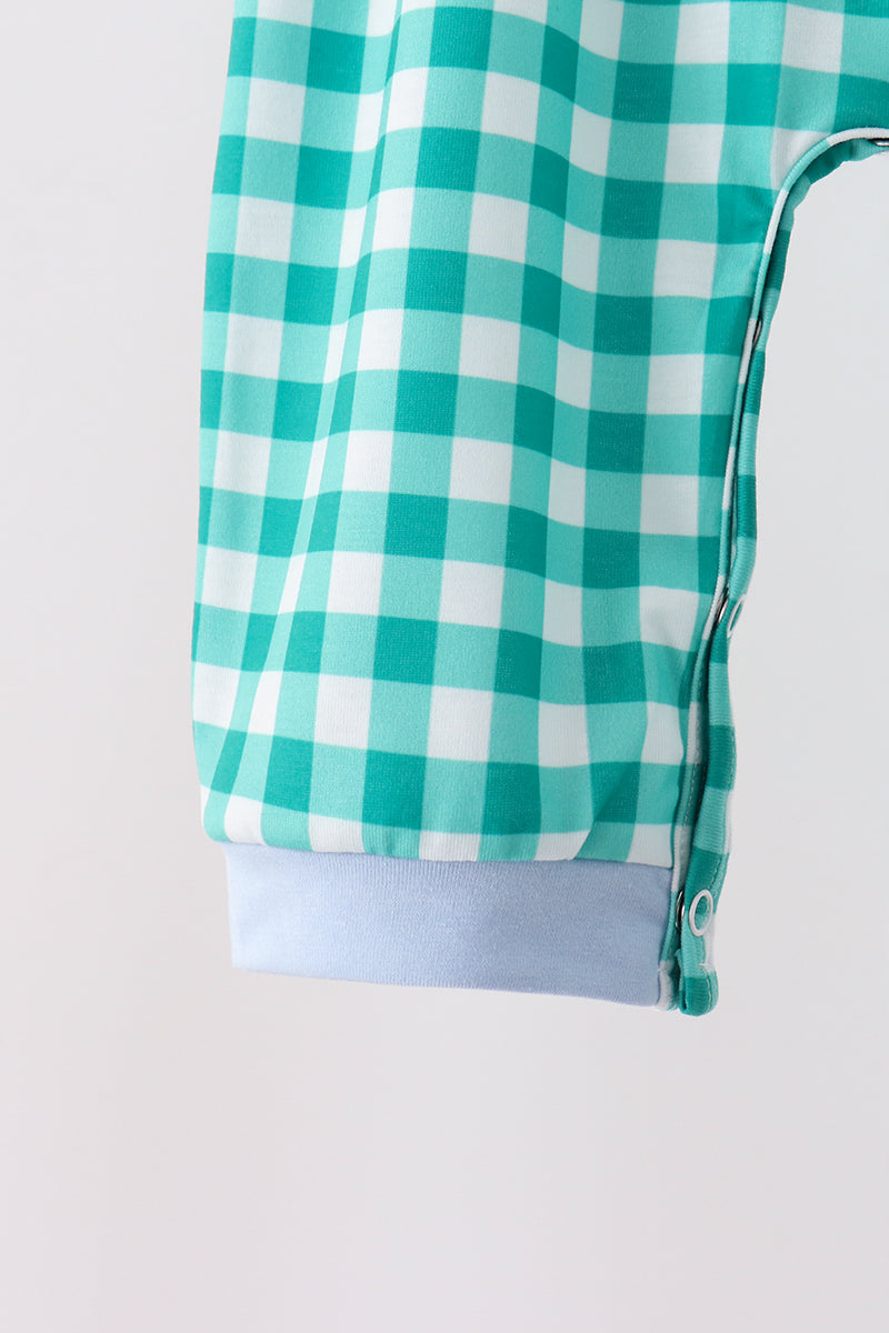 Green Christmas Tree Embroidery Gingham Romper