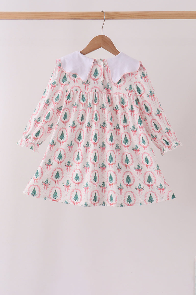 Pink Christmas Tree Embroidery Dress