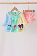 Colorblock character applique ruffle bloomer set