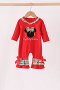 Red christmas character applique ruffle romper