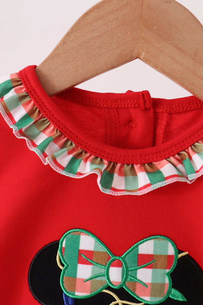 Red christmas character applique ruffle romper