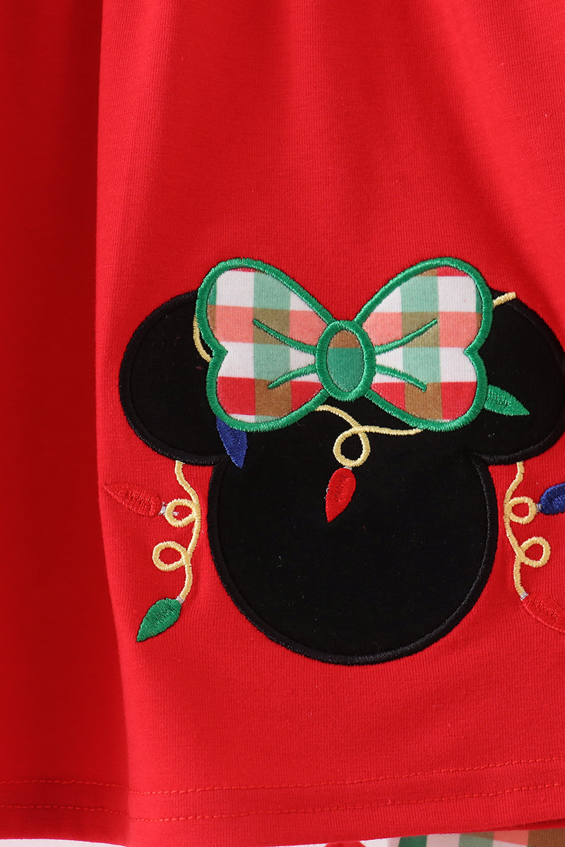 Red christmas character applique gingham ruffle pants set