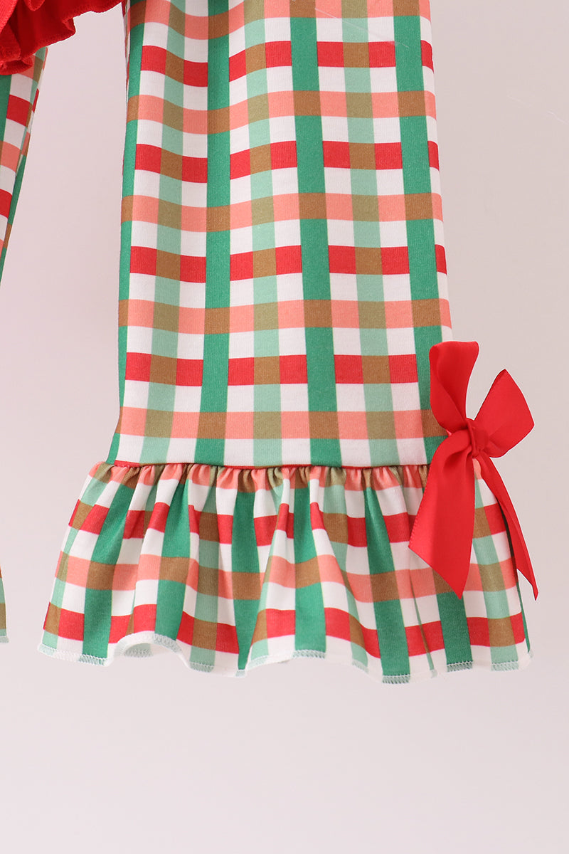 Red christmas character applique gingham ruffle pants set