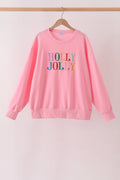 Pink Holly Jolly Embroidery Mom Top
