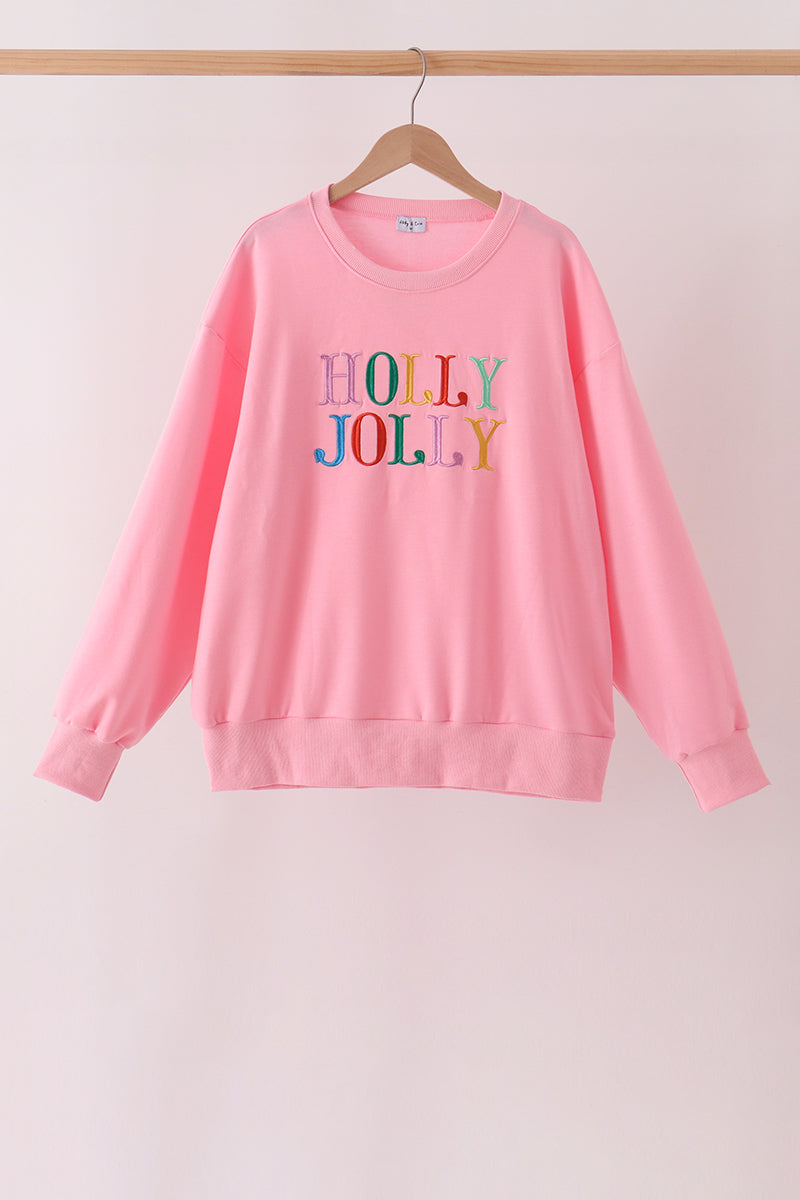 Pink Holly Jolly Embroidery Mom Top