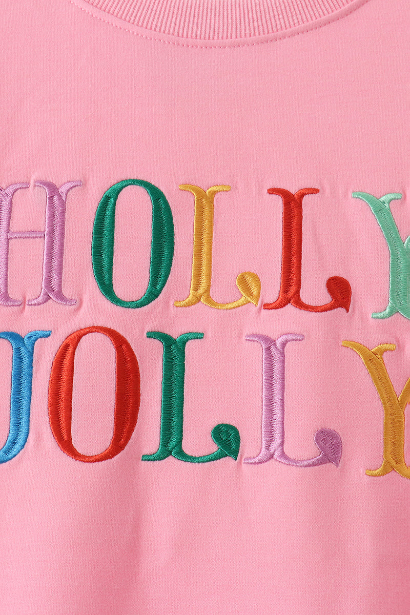 Pink Holly Jolly Embroidery Mom Top