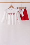 White Candy Cane Smocked polka dot Ruffle Skorts Set