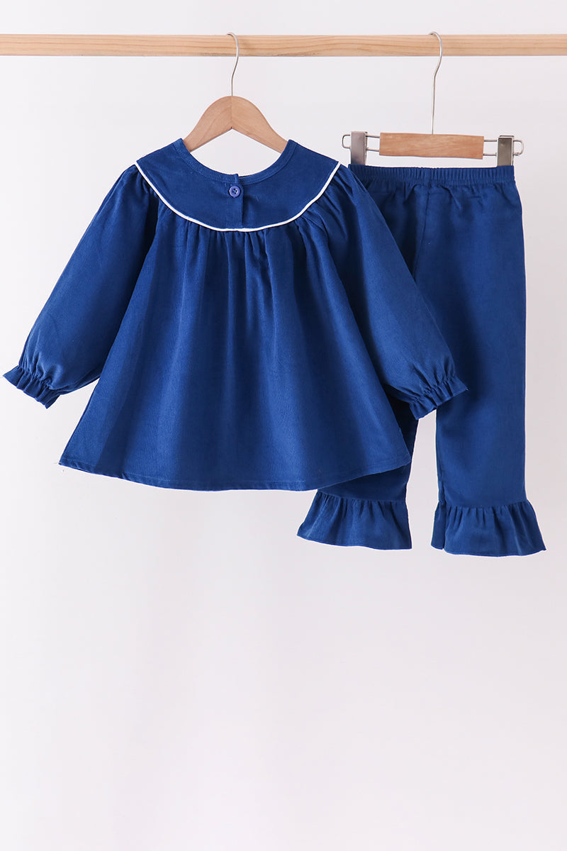 Blue Nativity corduroy Embroidery Ruffle Pants Set