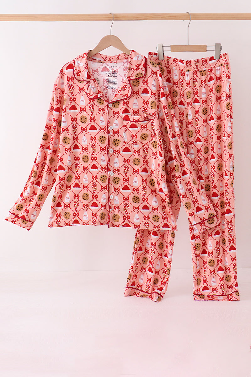 Pink Candy Cane Bow Ruffle Bamboo Mom&me Pajama Set