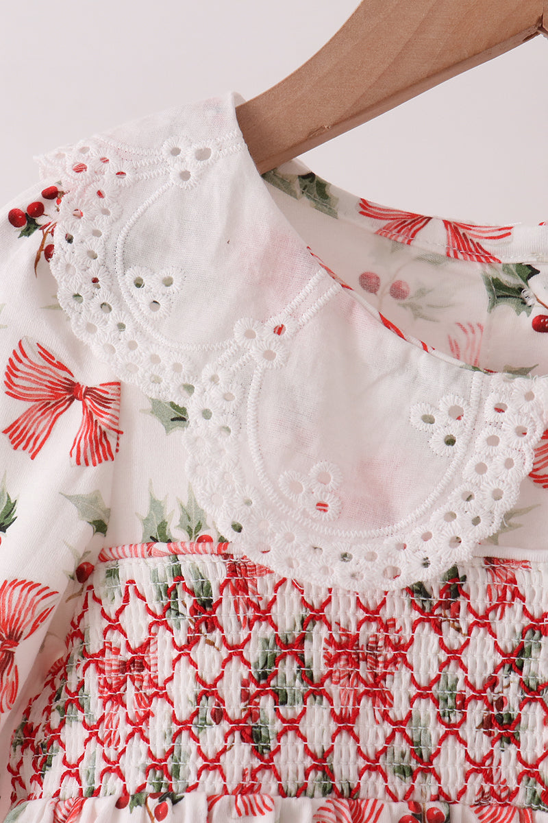 Red Holly Bow Smocked Lace Ruffle Pants Set