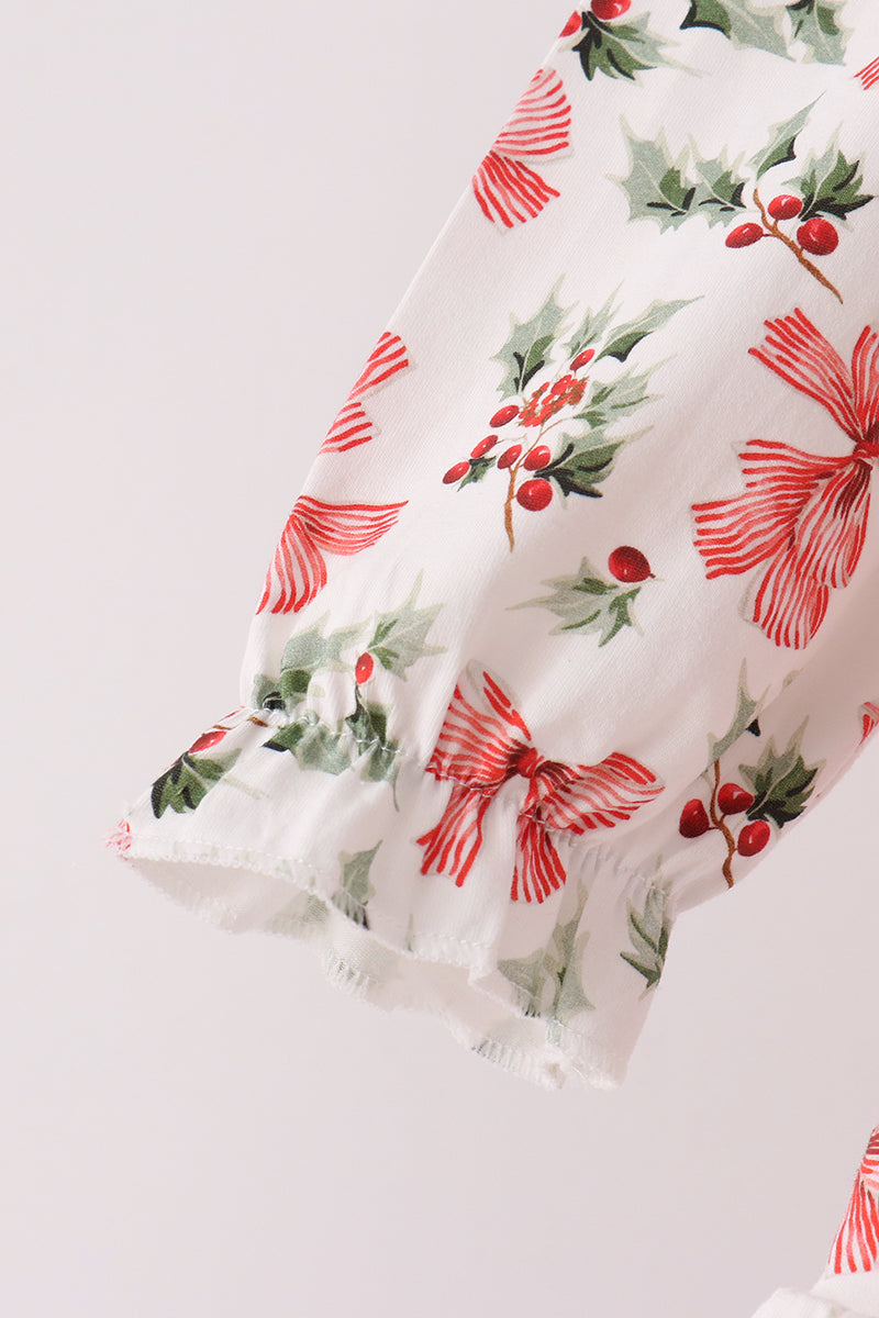 Red Holly Bow Smocked Lace Ruffle Pants Set