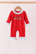 Red Reindeer French Knot Ruffle Romper
