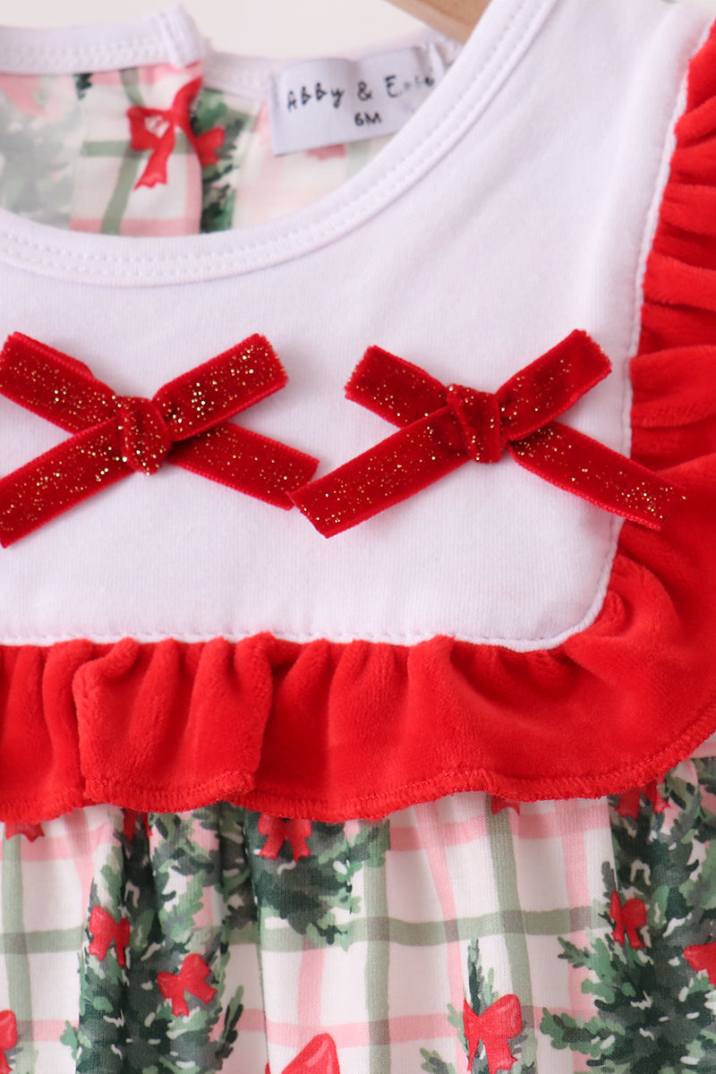Red Bow Embroidery Velvet Ruffle Romper