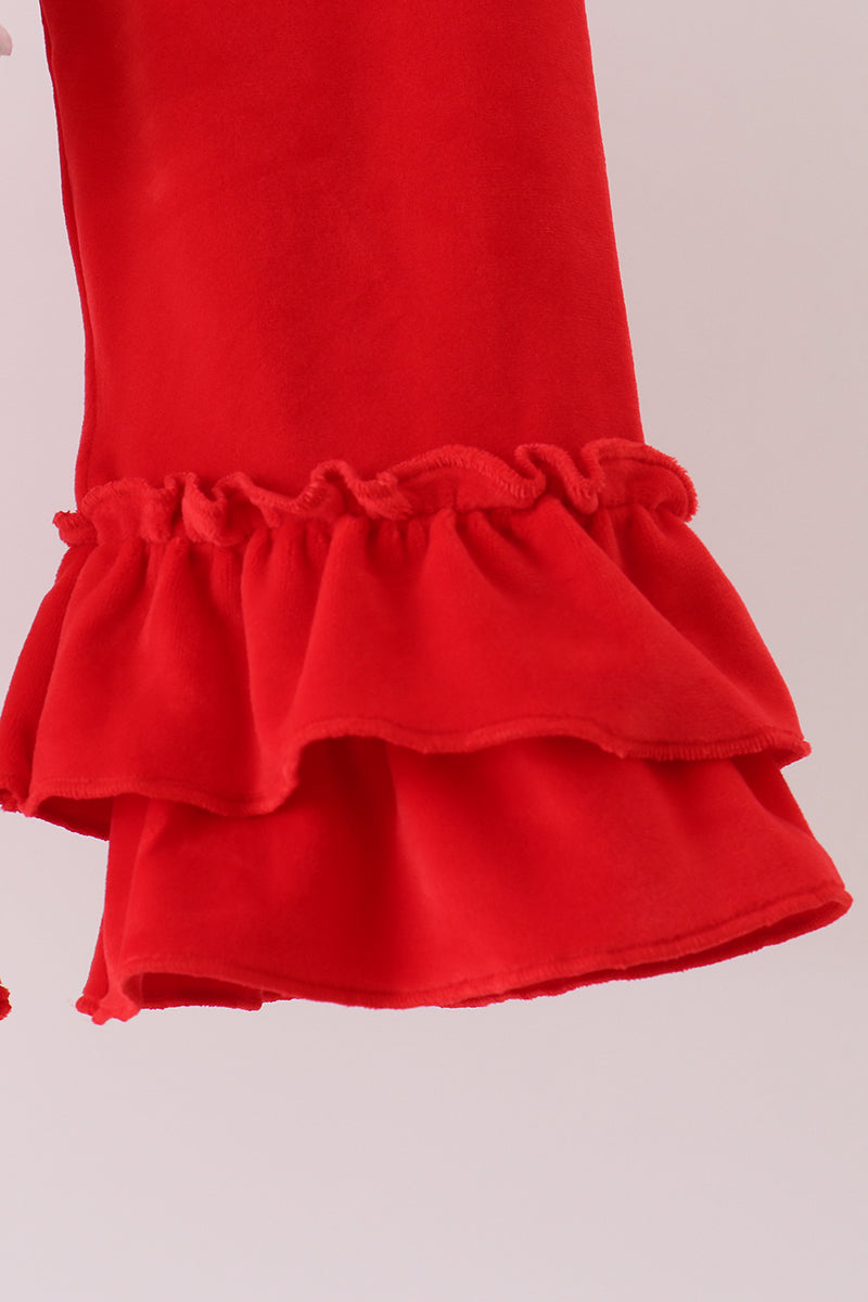 Red Bow Embroidery Velvet Ruffle Pants Set