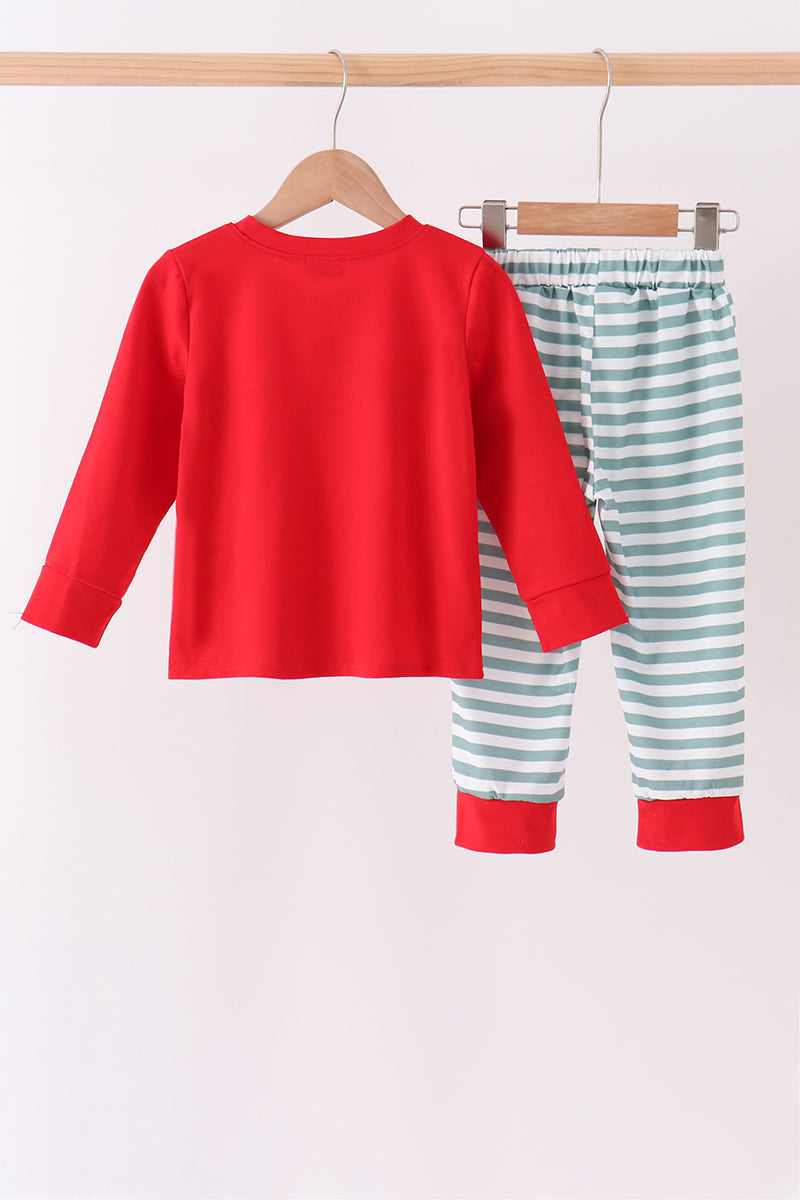 Red Christmas Tree Embroidery Stripe Pants Set