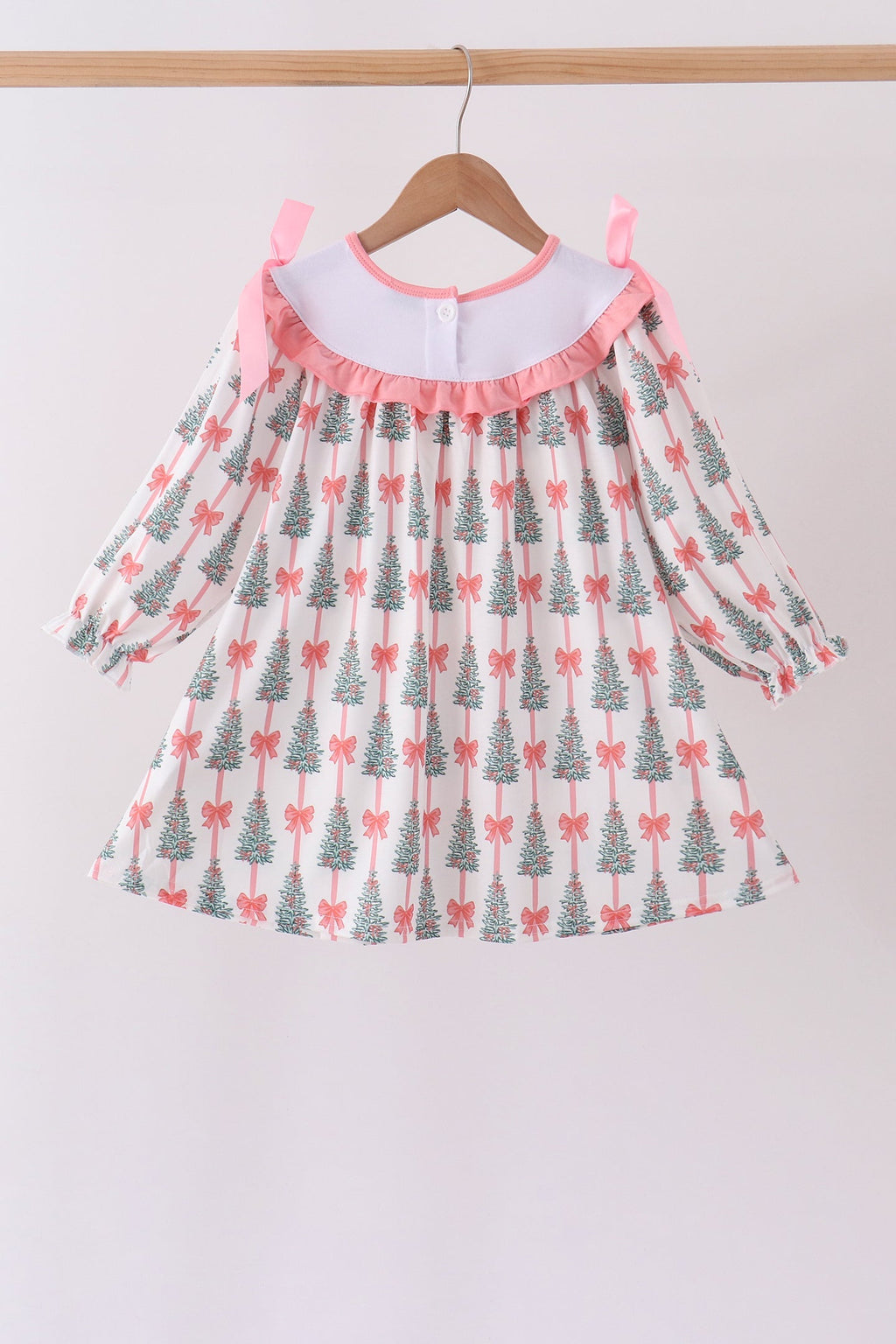 Pink Christmas Tree Embroidery Ruffle Dress