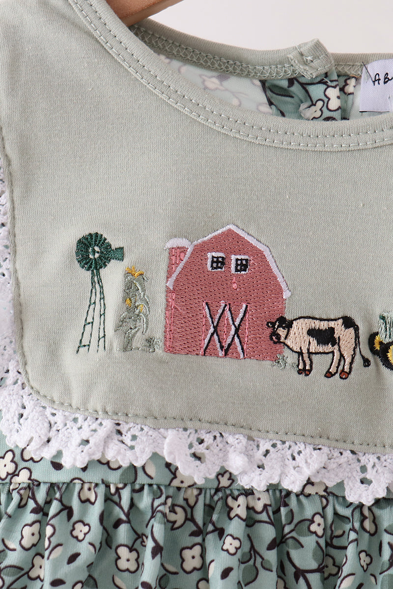 Green Farm Floral Embroidery Ruffle Bloomer Set