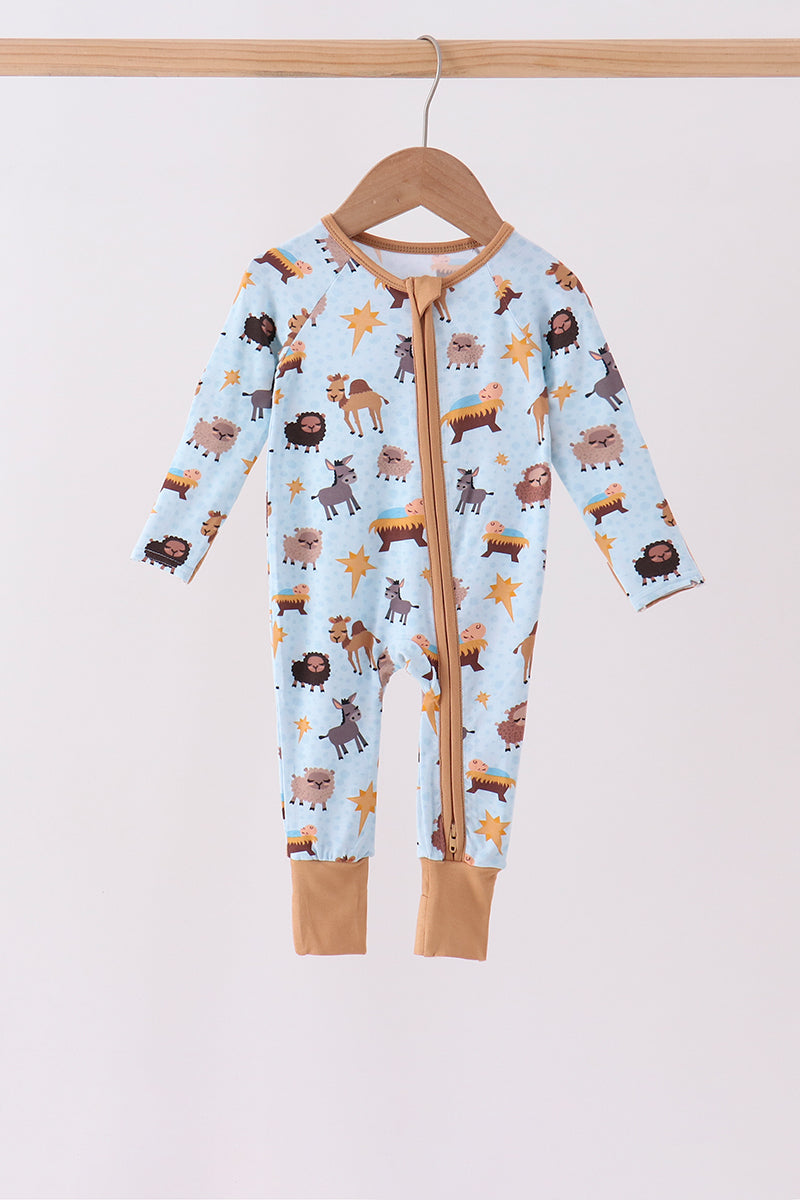 Blue Nativity Zip Bamboo Romper
