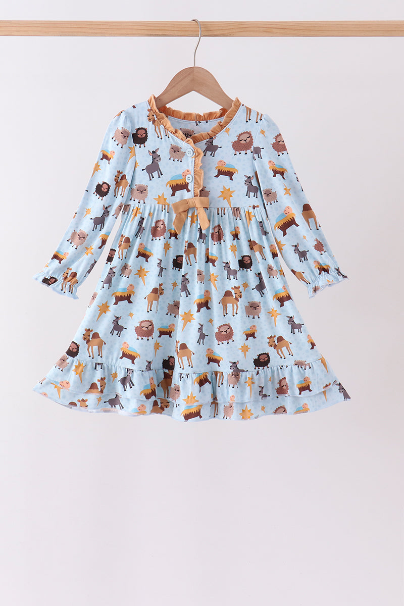Blue Nativity Ruffle Bamboo Dress