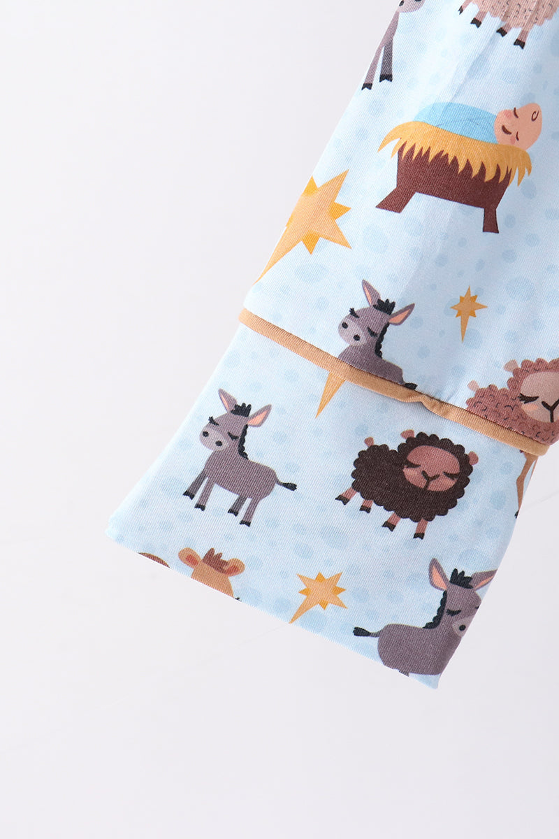 Blue Nativity Ruffle Bamboo Mom Dress