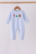 Blue christmas tree gingerbread embroidery stripe romper