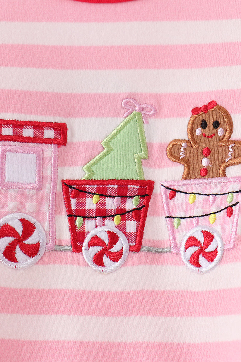 Pink gingerbread embroidery stripe ruffle romper