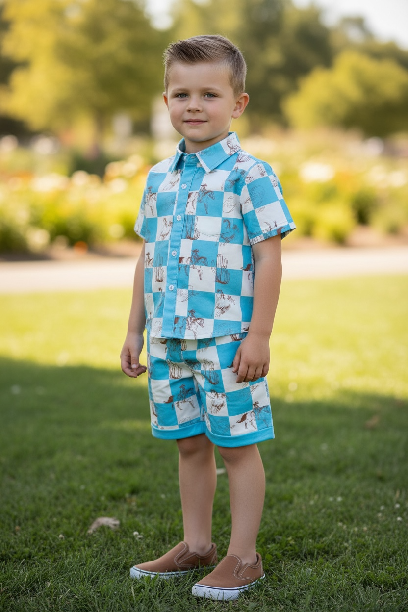 Blue & white checkered western printed boys two piece set.